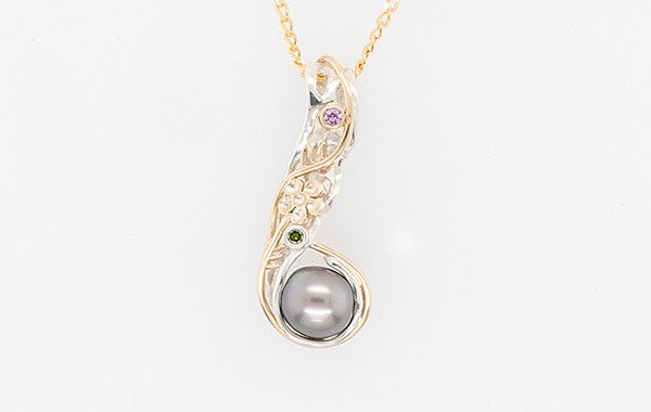 In The Wild Pearl, Green Diamond & Pink Sapphire Pendant