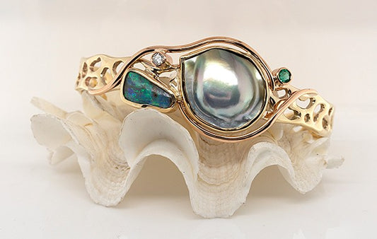 Mabe Pearl, Opal, Diamond & Emerald Bangle