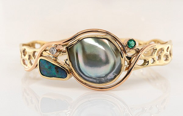 Mabe Pearl, Opal, Diamond & Emerald Bangle