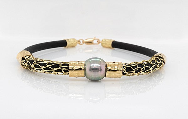 Pearl Leather Bracelet with Knitting. Embossed