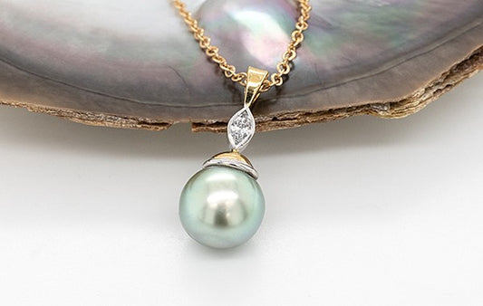 Pearl (Green) & Marquise Diamond Pendant