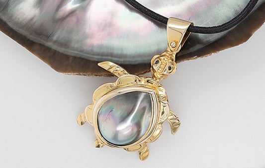 Turtle (Articulated) Pendant Mabe Pearl Black Diamonds. Handcrafted. 'Eleanor"