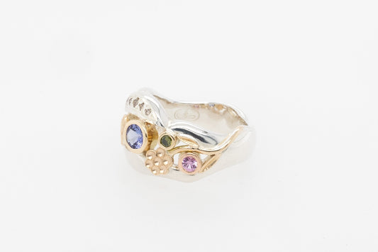 Tanzanite Pink Sapphire Champange & Green Diamond Ring
