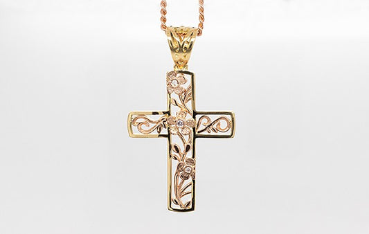 Cross Pendant Pink Dia Flower Detailing18R/Y